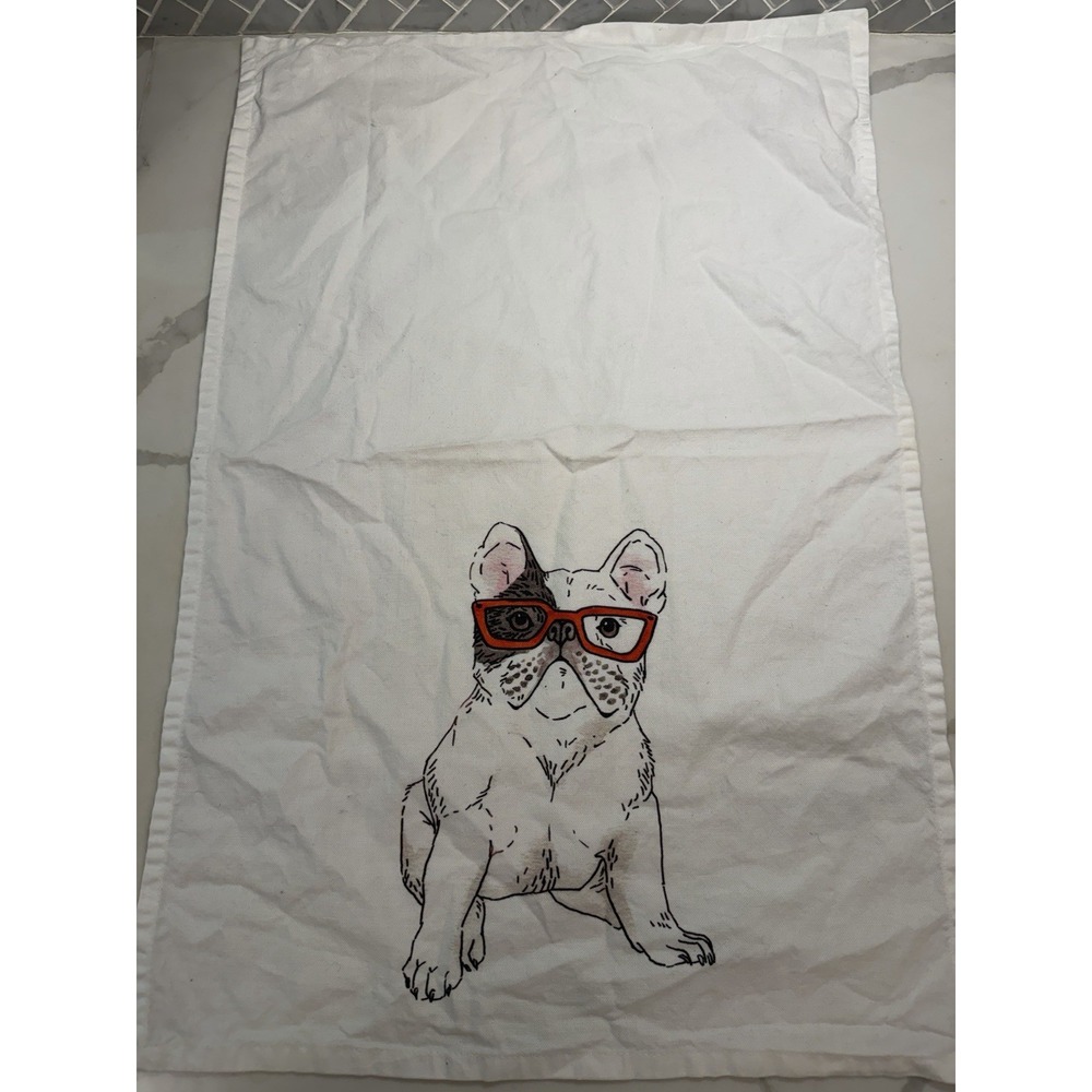 West Elm Tea Towel French Bulldog W Glasses 16x25 In Cute Dog Lover Kitchen